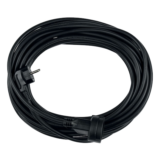 BLACKDECKER ST5530CAKIT black extension cord photography, coiled with European plug, front angle.