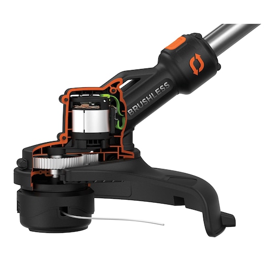 BLACKDECKER STB3620L string trimmer motor cutaway, showing internal brushless motor and gear mechanism, side view.