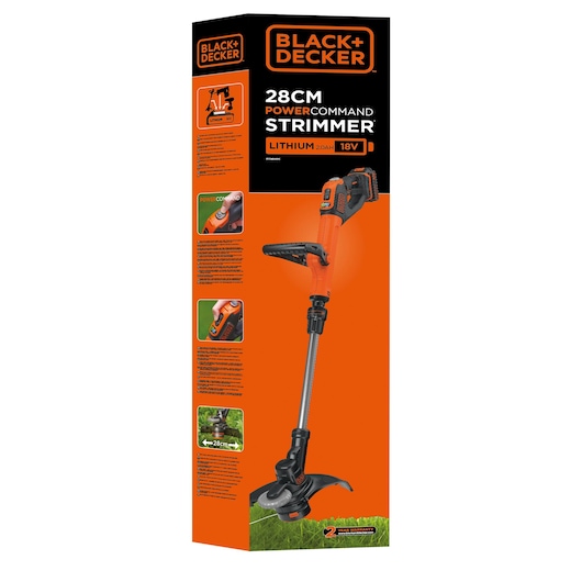 BLACK+DECKER STC1820CM grass trimmer box, 28cm cordless, orange and black, Power Command, product shown on packaging.