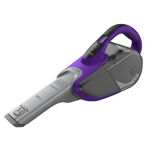 A BLACK+DECKER handheld vacuum cleaner with a purple and gray design, featuring a clear dust container and ergonomic handle.