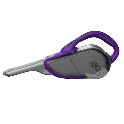 A BLACK+DECKER handheld cordless vacuum cleaner with a grey body and purple accents, shown isolated on a white background.