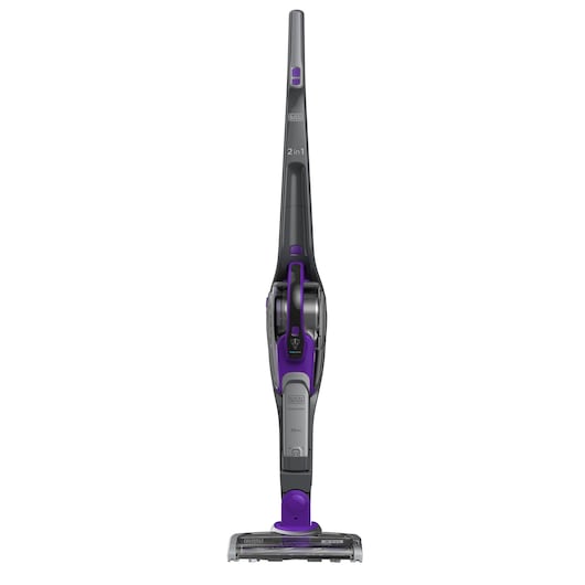 A BLACK+DECKER upright vacuum cleaner, model SVJ520BFSP, featuring a sleek design with purple and grey accents. The vacuum is shown standing upright on a white background.