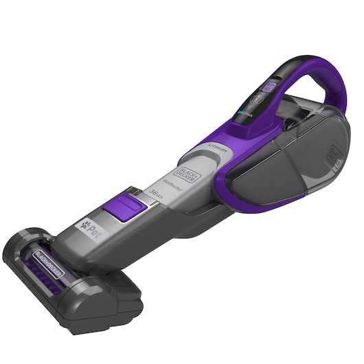 A BLACK+DECKER handheld cordless vacuum cleaner in grey and purple, designed for pet hair removal. It has a transparent dust container and easy-to-use handle.