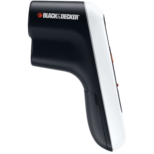 A BLACK+DECKER TLD100 thermal leak detector shown from the side, featuring a black and white body with control buttons visible on the side.