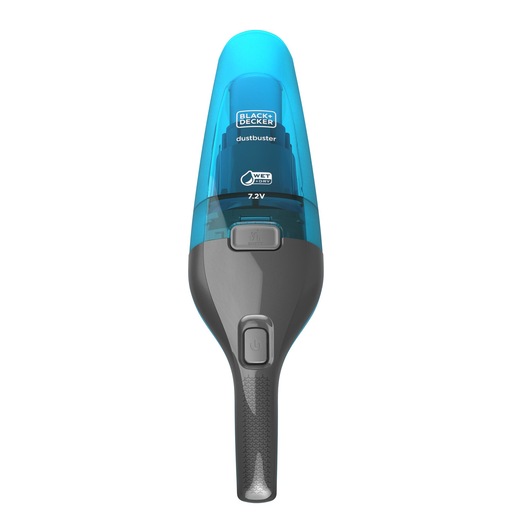 Handheld wet and dry vacuum cleaner by BLACK+DECKER, model WDC215WA, shown upright with a blue and grey design and a visible power button on the handle.