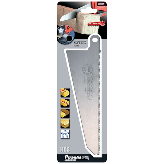 BLACK+DECKER X29961 replacement saw blade, silver blade for Scorpion saw, packaging front view.