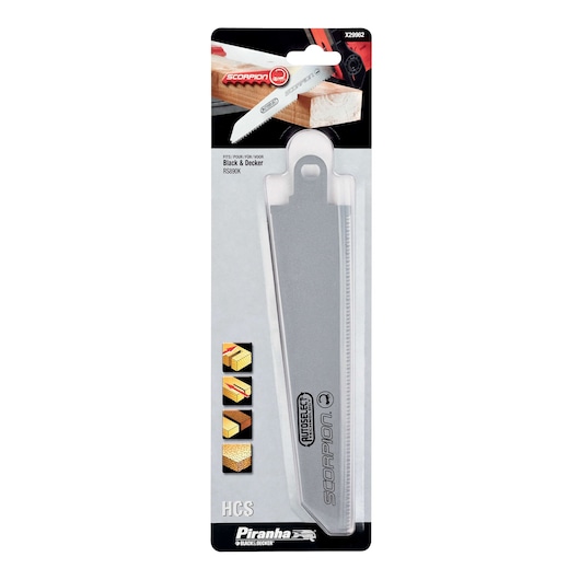 Photo of BLACKDECKER X29962 Piranha Scorpion saw blade in retail packaging, blade visible through clear plastic.