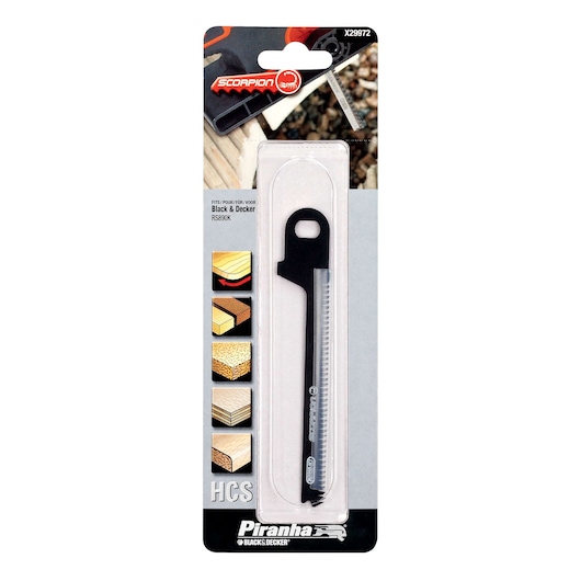 BLACK+DECKER X29972 Piranha saw blade in retail packaging, front view, with woodworking material icons.