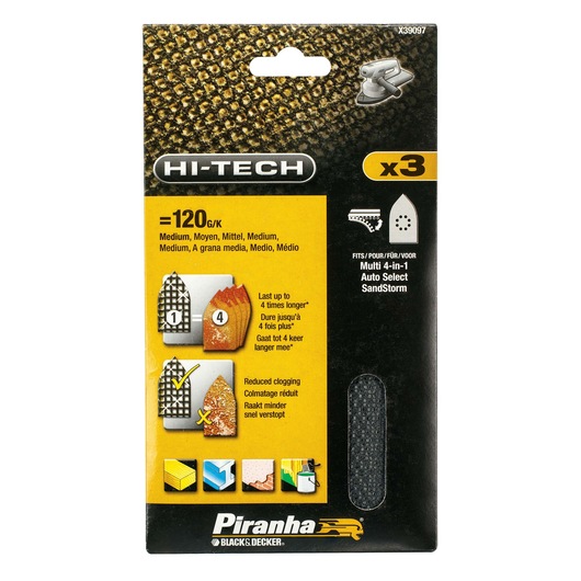BLACK+DECKER X39097 Piranha sanding sheets pack of 3, medium 120 grit for multi 4-in-1 auto select sanders, front view.