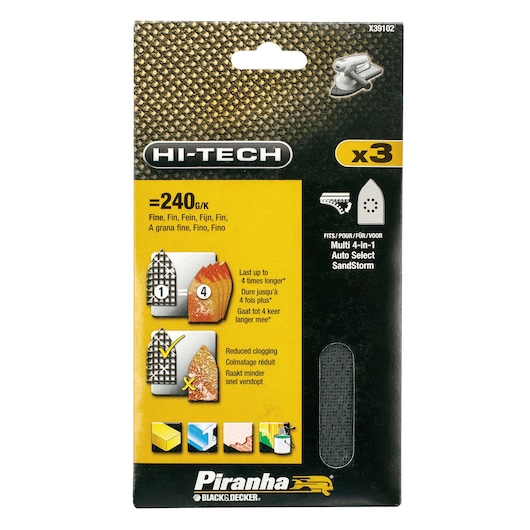 BLACK+DECKER X39102 Piranha sanding sheets pack, fine 240 grit, set of three, black and yellow packaging, front view.