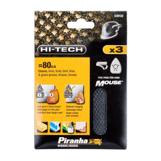 BLACK+DECKER X39122 coarse 80 grit Mouse sander sheets, pack of 3, front angle packaging photo.