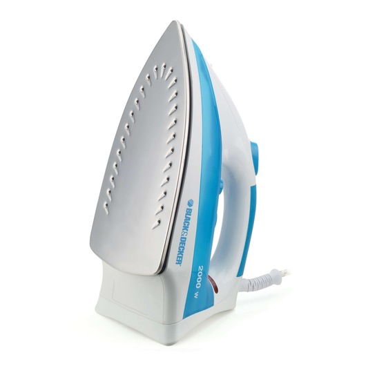 A BLACK+DECKER electric steam iron with a blue and white body, shown upright with its metal soleplate facing forward.