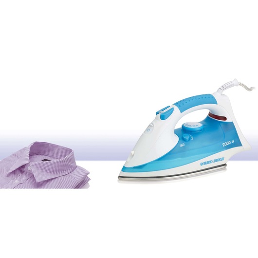 A folded purple checkered shirt next to a blue and white BLACK+DECKER steam iron, model X815, with a visible 2000 W marking.