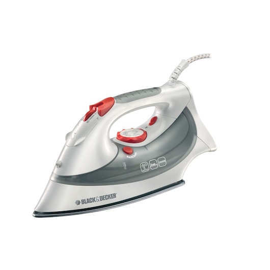 A BLACK+DECKER steam iron with a grey and white body and red accents, featuring a pointed soleplate, ergonomic handle, water tank, and control dials.