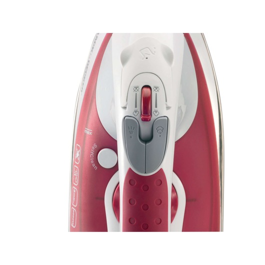 BLACK+DECKER XT2040 steam iron top view, red and white handle with control buttons and dial.