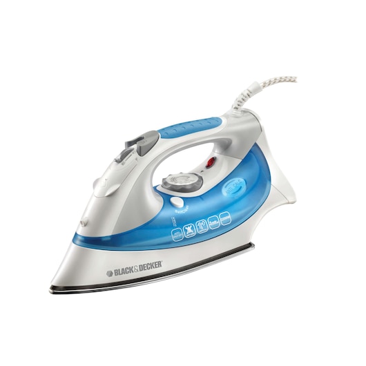 A BLACK+DECKER steam iron with a white and blue design, featuring a transparent water tank, control buttons, and a cord. The iron is angled to show its soleplate and brand logo.