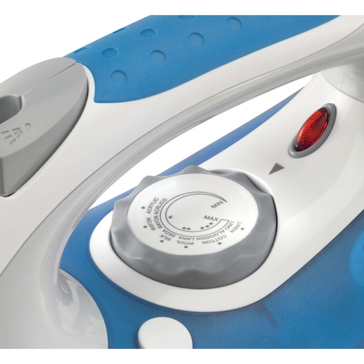 BLACKDECKER XT2200CP steam iron close-up showing blue and white body, control dial, and red indicator light.