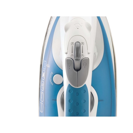 BLACKDECKER iron XT2200CP, close-up top view, blue and white handle with control buttons.