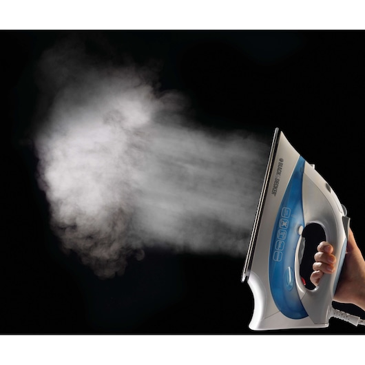 BLACKDECKER XT2200CP steam iron side view with visible steam against black background.