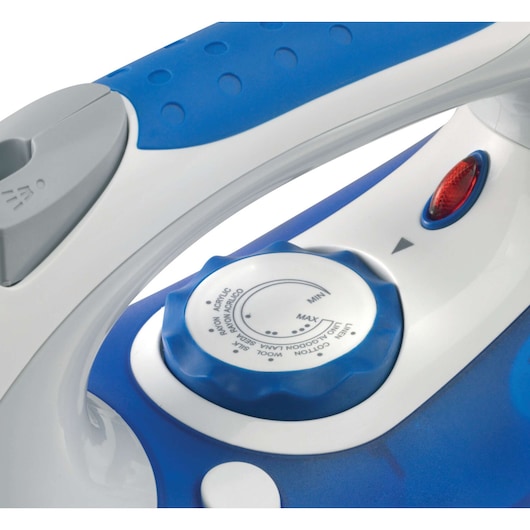 Photo of BLACKDECKER XT2200 iron control dial and handle, close-up of blue and white body with red indicator light.