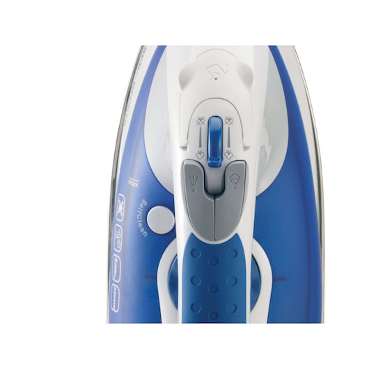 BLACKDECKER XT2200 steam iron top view, blue and white handle and control buttons, white background.